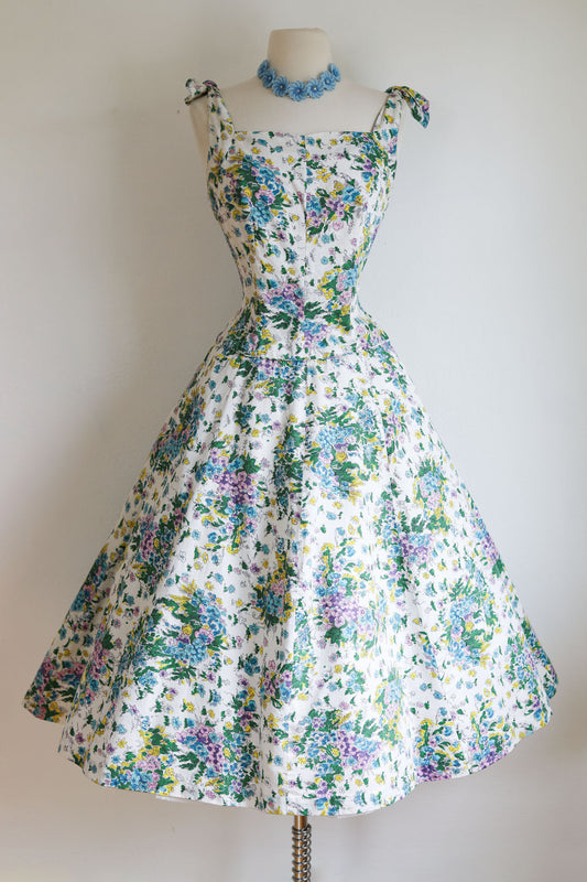 Vintage 1950s Dress - Rhinestones! Pastel Floral Print Polished Cotton Carole King Princess Sundress Size M