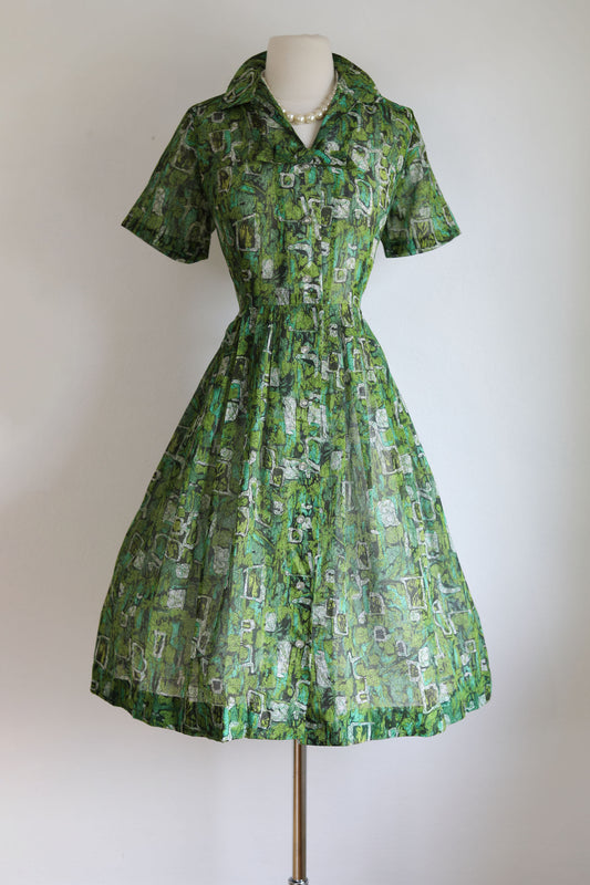 Vintage 1950s Dress - Chartreuse + Aqua Midcentury Modern Print Mode O' Day Cotton Gauze Shirtwaist Size L
