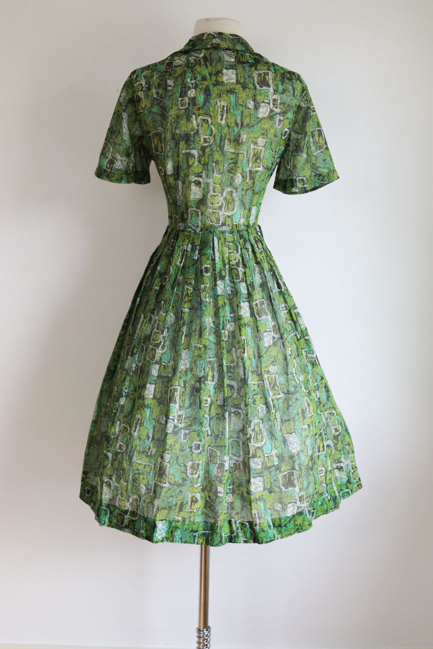 Vintage 1950s Dress - Chartreuse + Aqua Midcentury Modern Print Mode O' Day Cotton Gauze Shirtwaist Size L