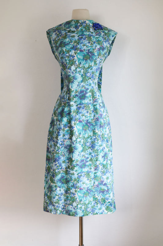 Vintage 1950s Sundress - Superb Designer Cotton Blue Daisy Floral Print Princess Dress Size M