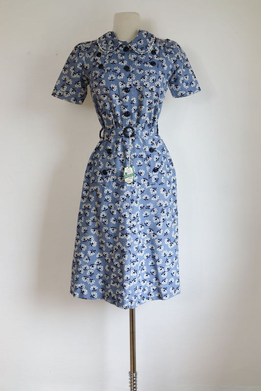 Vintage 1940s Dress - Rare WW2 Deadstock w Tags Delphite Blue Rayon Shirtwaist + Deco Belt Size XS