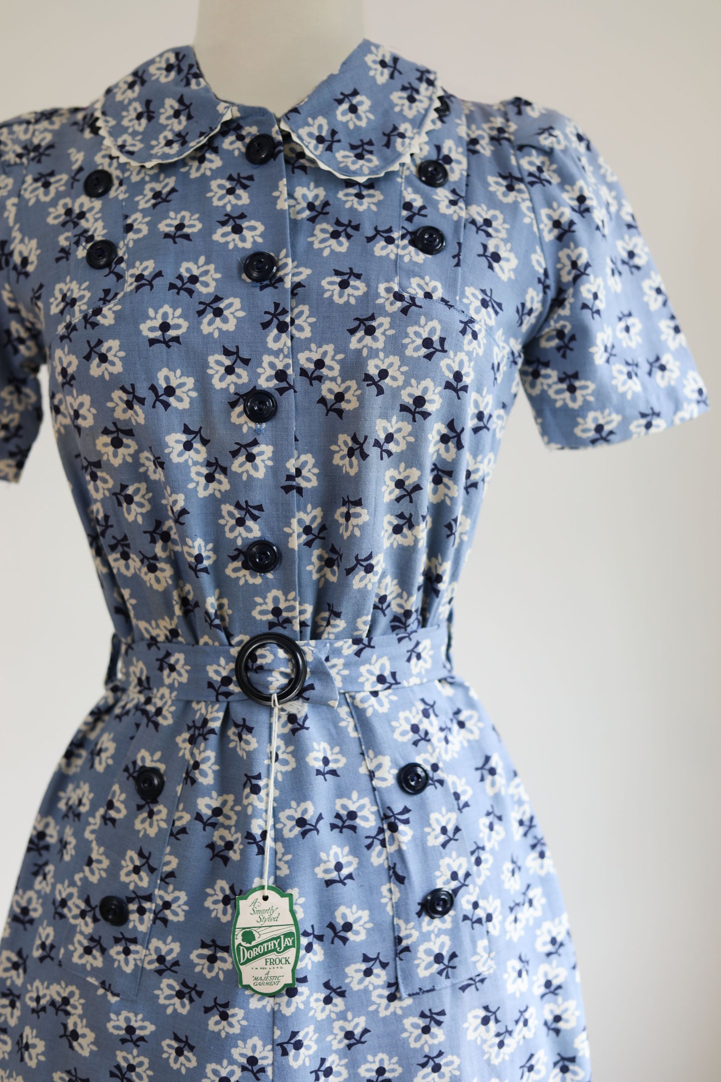 Vintage 1940s Dress - Rare WW2 Deadstock w Tags Delphite Blue Rayon Shirtwaist + Deco Belt Size XS