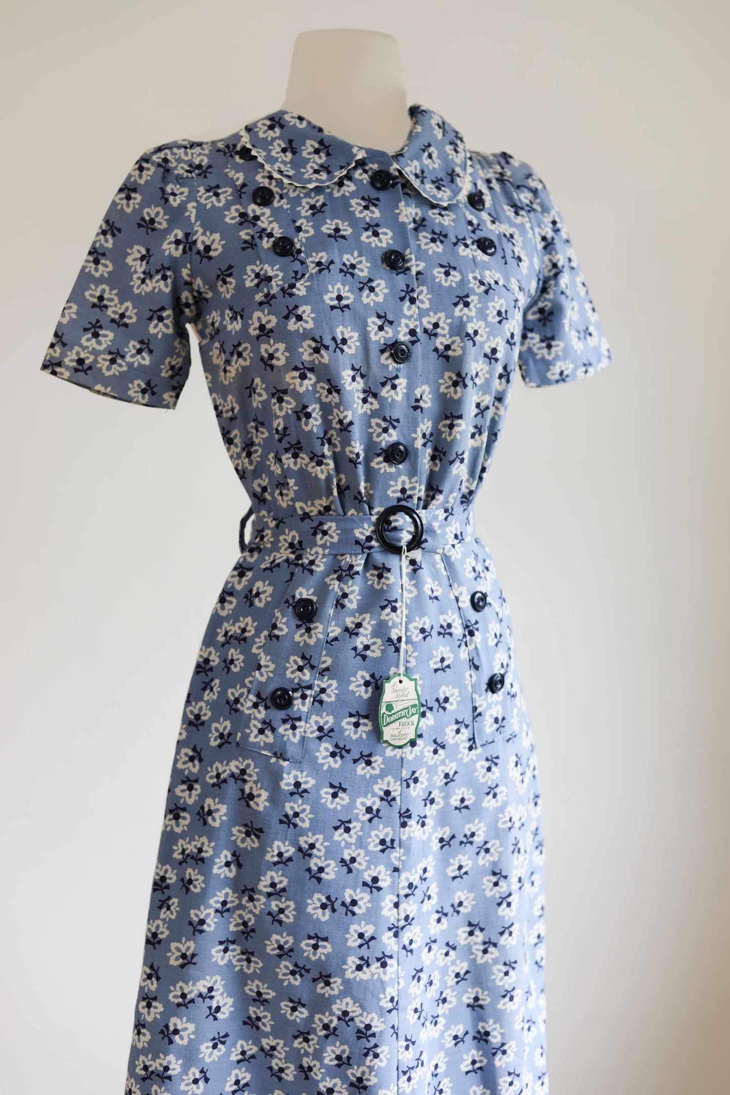 Vintage 1940s Dress - Rare WW2 Deadstock w Tags Delphite Blue Rayon Shirtwaist + Deco Belt Size XS