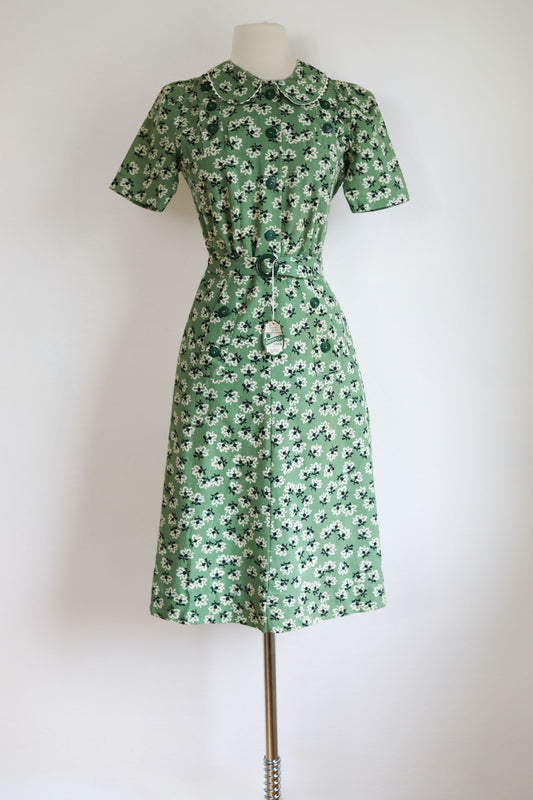 Vintage 1940s Dress - Rare WW2 Deadstock w Tags Jadeite Green Rayon Shirtwaist + Deco Belt Size S