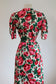 Vintage 1930s to 1940s Dress - Volup! Red Hot Pink Green Rose Print Rayon Jersey Gown w Galalith Belt Size XL
