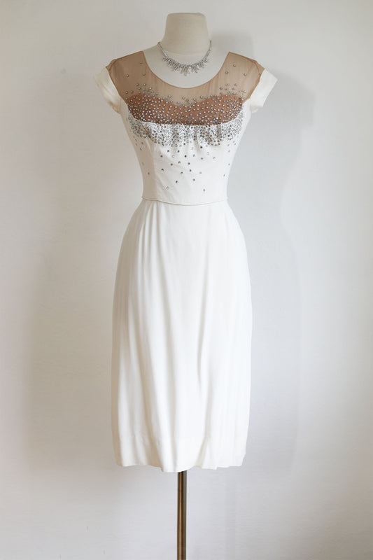 Vintage 1950s Peggy Hunt Dress - Rhinestones! White Illusion Bust Sculpted Wiggle Cocktail Dress Size S
