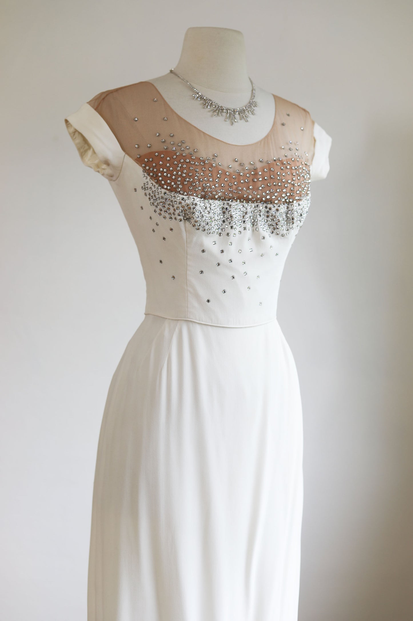 Vintage 1950s Peggy Hunt Dress - Rhinestones! White Illusion Bust Sculpted Wiggle Cocktail Dress Size S