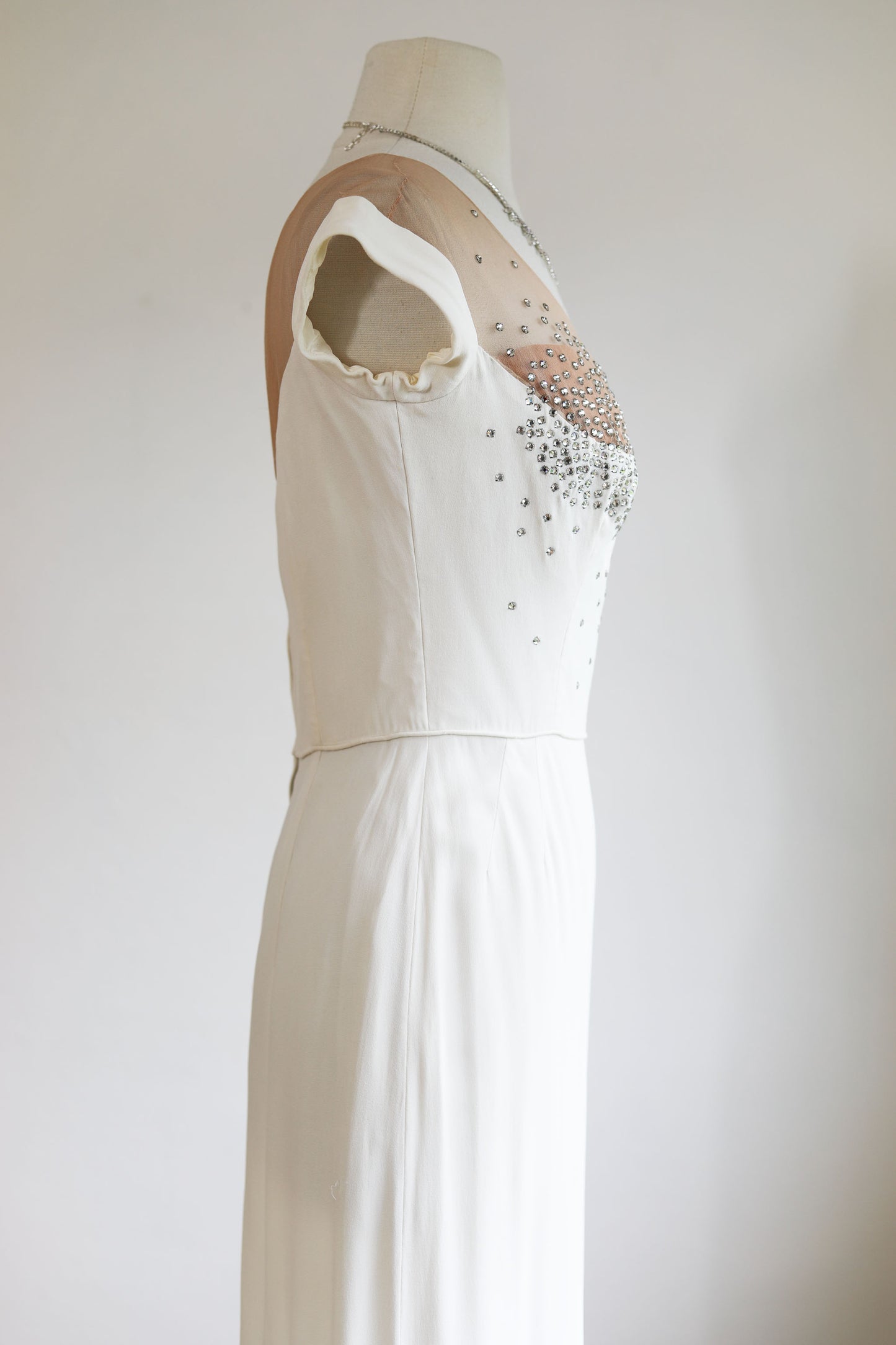 Vintage 1950s Peggy Hunt Dress - Rhinestones! White Illusion Bust Sculpted Wiggle Cocktail Dress Size S