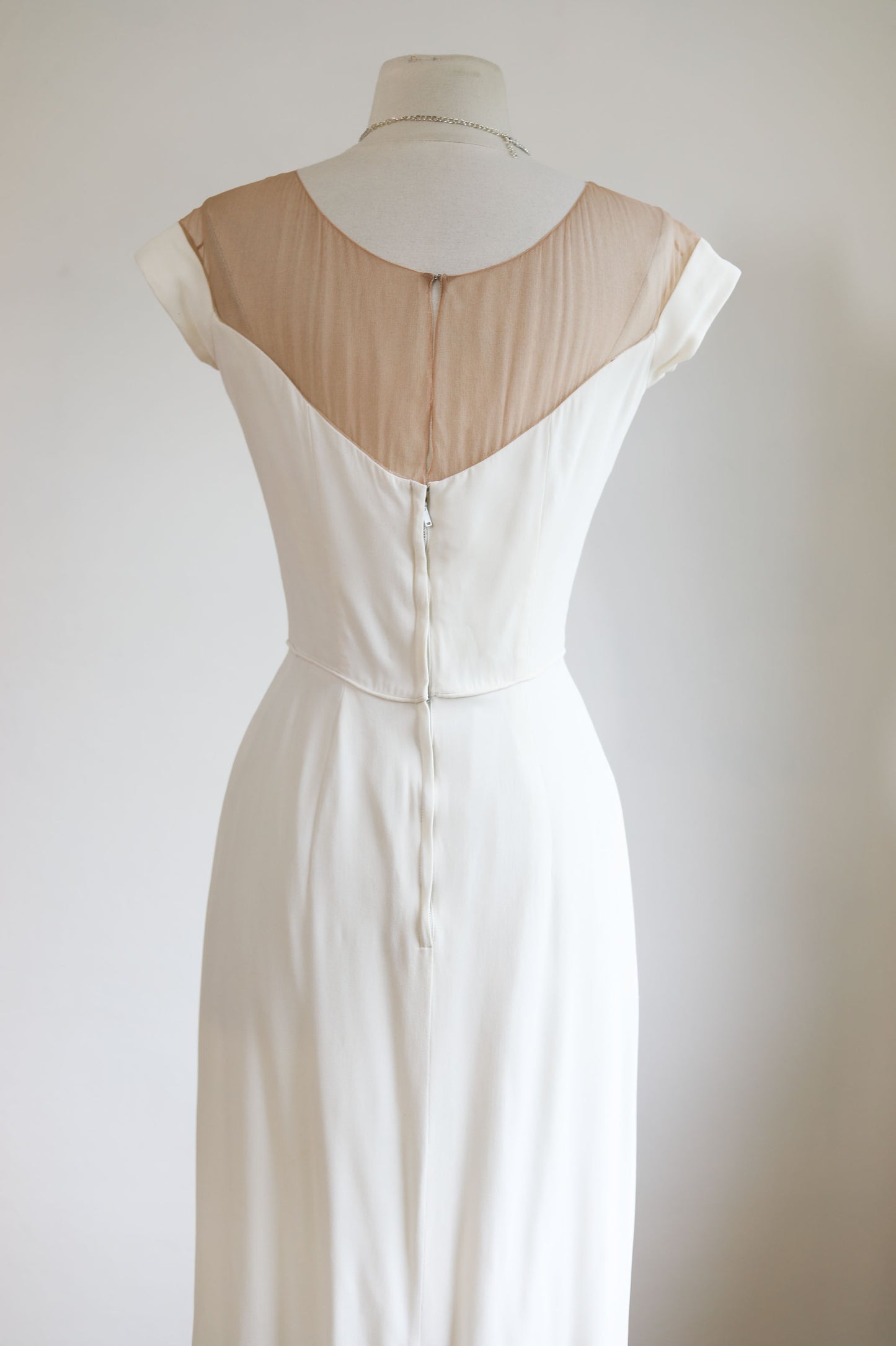 Vintage 1950s Peggy Hunt Dress - Rhinestones! White Illusion Bust Sculpted Wiggle Cocktail Dress Size S