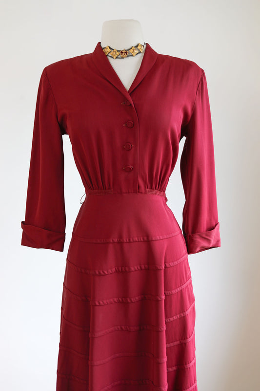 Vintage 1940s Dress - Wine/Oxblood Red Rayon Gabardine Designer Betty Hartford Shirtwaist Size S to M