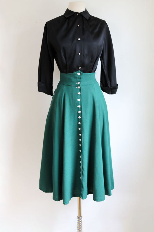 Vintage Late 1940s Skirt - Pine Green High Waist Rayon Butcher Linen w 27 Celluloid Buttons! Size XS to S