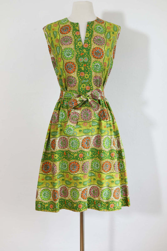 Vintage 1960s Day-Glo Cotton Dress - EYE-CATCHING Paisley Border Print Mod Wiggle w Belt Size L