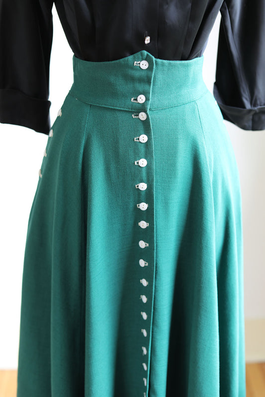 Vintage Late 1940s Skirt - Pine Green High Waist Rayon Butcher Linen w 27 Celluloid Buttons! Size XS to S