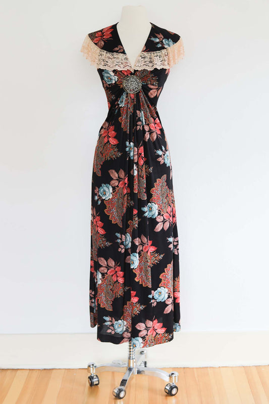 Vintage 1970s Rose Print Maxi Dress - GLORIOUS Documented 1974 Slinky 30s Inspired w Metal Ornament + Thorns! Size XS to S