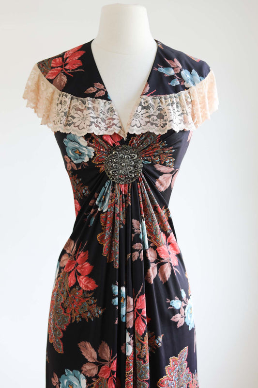 Vintage 1970s Rose Print Maxi Dress - GLORIOUS Documented 1974 Slinky 30s Inspired w Metal Ornament + Thorns! Size XS to S