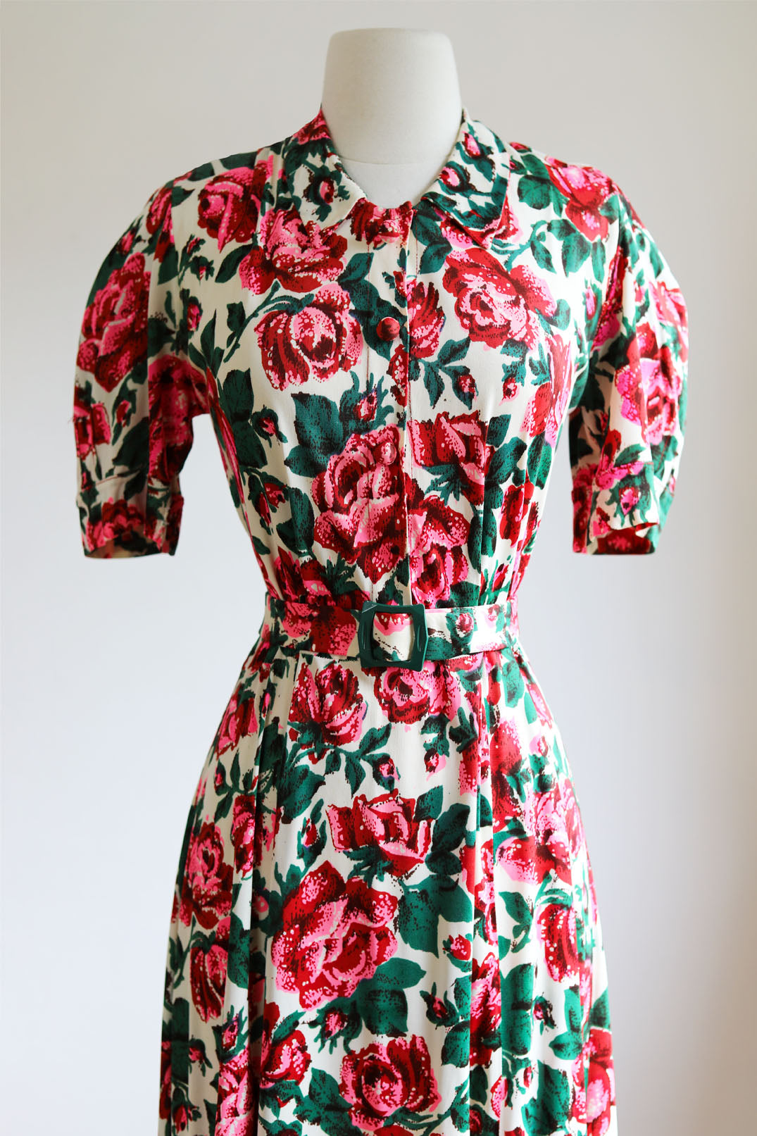 Vintage 1930s to 1940s Dress - Volup! Red Hot Pink Green Rose Print Rayon Jersey Gown w Galalith Belt Size XL
