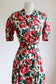 Vintage 1930s to 1940s Dress - Volup! Red Hot Pink Green Rose Print Rayon Jersey Gown w Galalith Belt Size XL