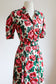 Vintage 1930s to 1940s Dress - Volup! Red Hot Pink Green Rose Print Rayon Jersey Gown w Galalith Belt Size XL
