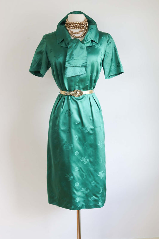 Vintage 1950s Satin Dress - GLORIOUS Emerald Green Chinese Silk Brocade Cocktail Dress Size M to L