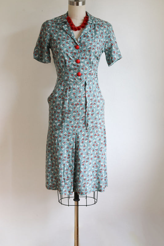 Vintage 1940s Dress - Wartime Deadstock w Tags Duck Egg Blue Red Deco Novelty Print Rayon Shirtwaist Size XS to S