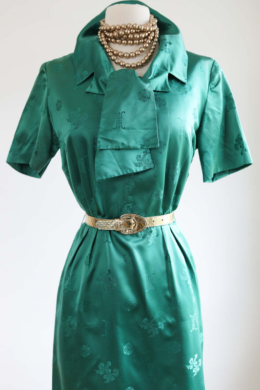 Vintage 1950s Satin Dress - GLORIOUS Emerald Green Chinese Silk Brocade Cocktail Dress Size M to L