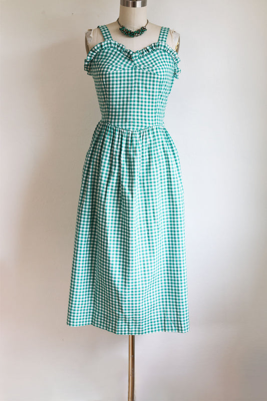 Vintage 1940s Dress - Emerald Green White Cotton Gingham Plaid Jumper Pinafore Sundress Size S
