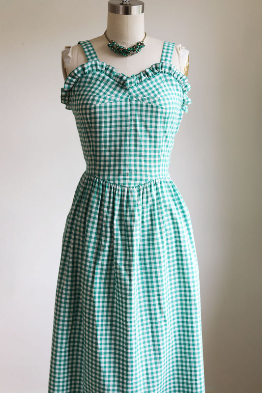 Vintage 1940s Dress - Emerald Green White Cotton Gingham Plaid Jumper Pinafore Sundress Size S