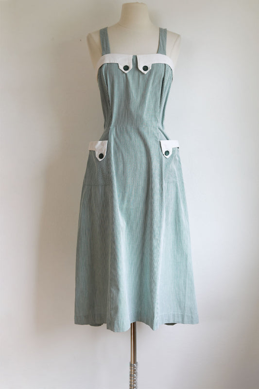 Vintage Dress - RARE 1940s Hickory Stripe Red Selvage Cotton Workwear/Chore Sundress Make Do and Mend! Size M to L