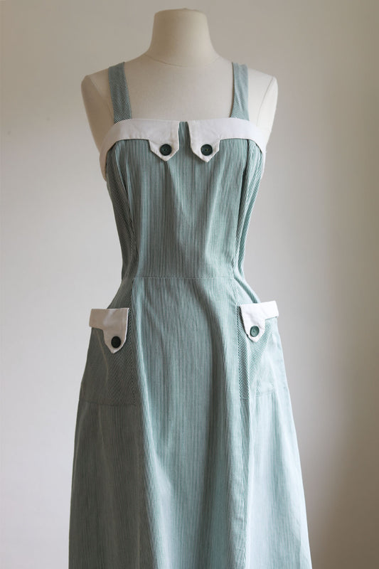 Vintage Dress - RARE 1940s Hickory Stripe Red Selvage Cotton Workwear/Chore Sundress Make Do and Mend! Size M to L