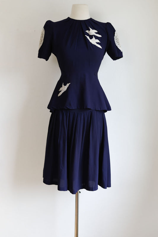 Vintage 1930s to 1940s Dress Set - Dark Blue Rayon w White Peace Dove or Passenger Pigeon Motif Blouse Skirt Size S to M