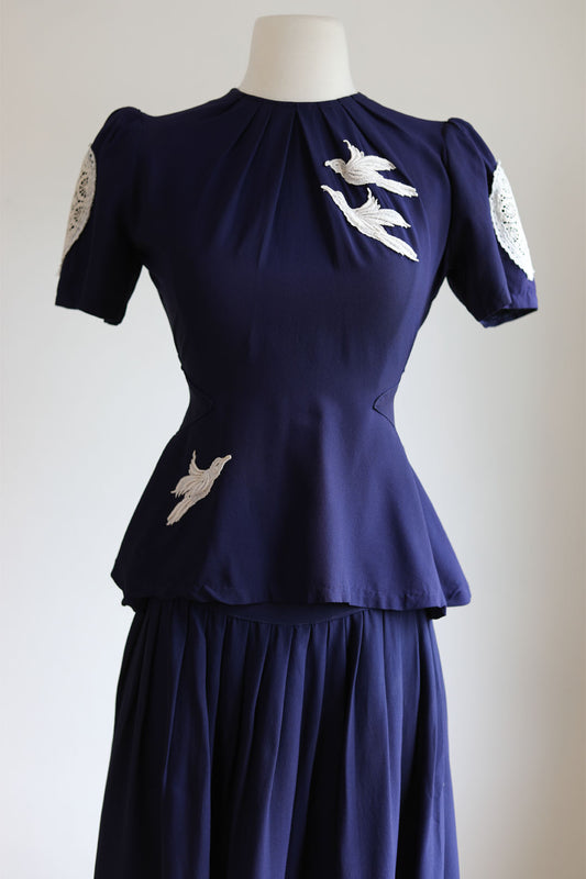 Vintage 1930s to 1940s Dress Set - Dark Blue Rayon w White Peace Dove or Passenger Pigeon Motif Blouse Skirt Size S to M