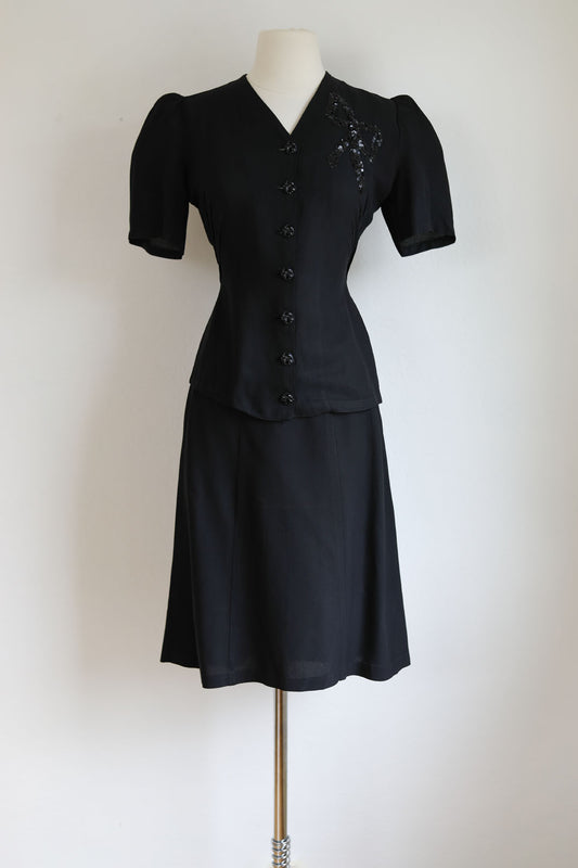 Vintage 1930s to 1940s Dress Set - Black Rayon w Sequin "Bow" + Novelty Celluloid Buttons Blouse Skirt Suit Size S