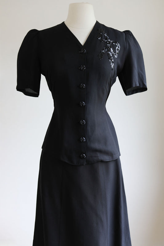 Vintage 1930s to 1940s Dress Set - Black Rayon w Sequin "Bow" + Novelty Celluloid Buttons Blouse Skirt Suit Size S