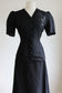Vintage 1930s to 1940s Dress Set - Black Rayon w Sequin "Bow" + Novelty Celluloid Buttons Blouse Skirt Suit Size S