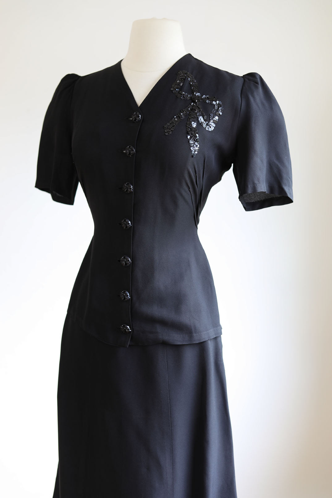 Vintage 1930s to 1940s Dress Set - Black Rayon w Sequin "Bow" + Novelty Celluloid Buttons Blouse Skirt Suit Size S
