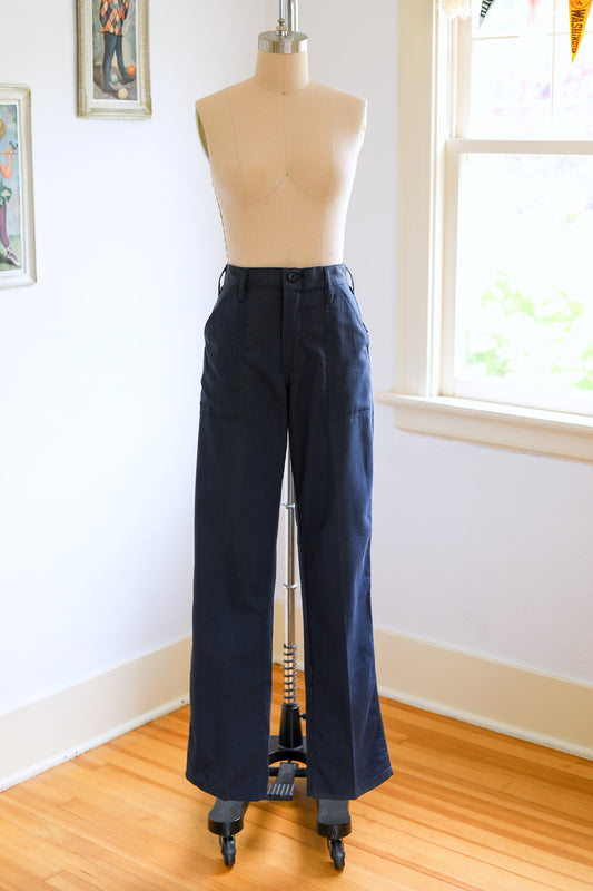 Vintage 1970s Naval Blue Sateen Slacks - RARE Color Deadstock Korea Vietnam War Era STYLE Women's Cotton Utility Workwear Pants Trousers - Choose Your Size
