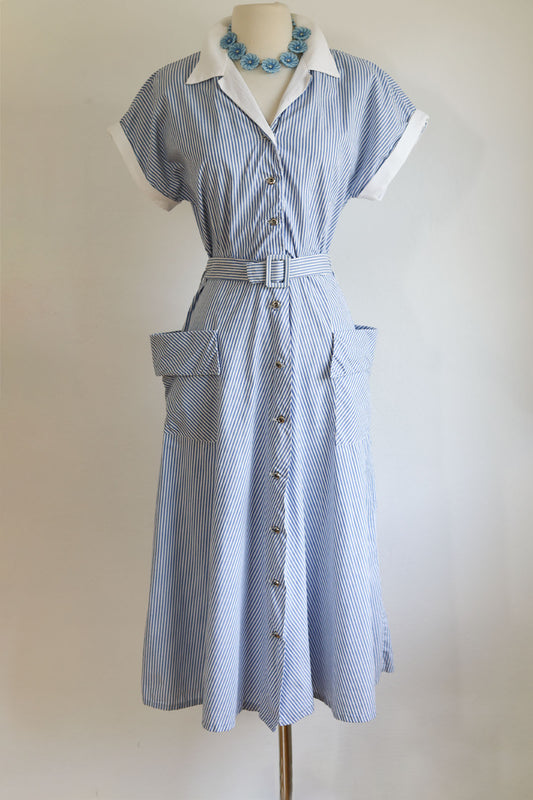 Vintage 1940s Coat Dress - Pastel Blue White Stripe Cotton Shirtwaist Dress w Belt Size M to L