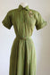 Vintage 1940s to 1950s Dress - Apple/Olive Green w Red + Chartreuse Surreal Cottages Print Belted Shirtwaist Size M