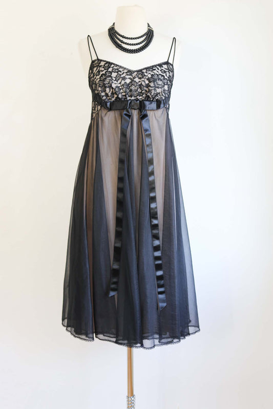Vintage 1950s to 1960s Vanity Fair Nightgown - BLACK PEEKABOO VIXEN Chiffon + Lace Strappy Gown Size 34 S