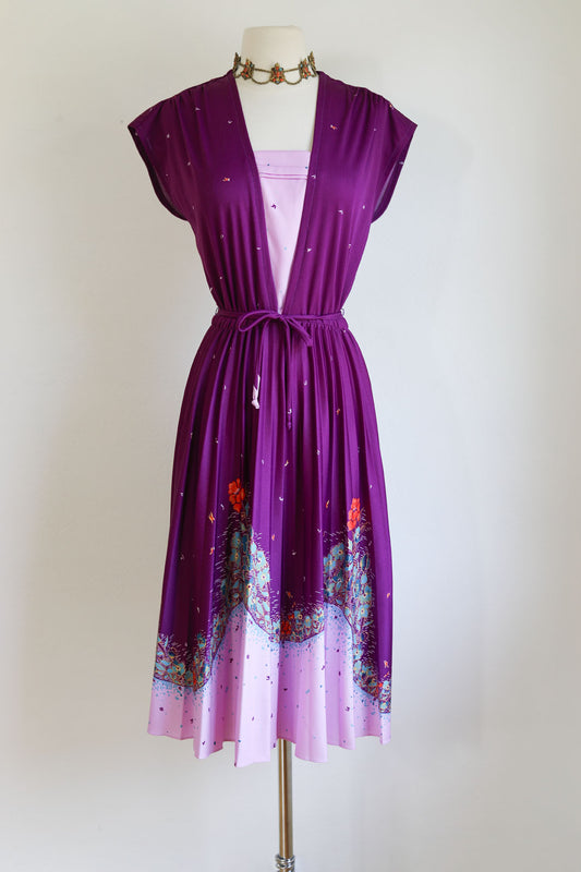 Vintage 1970s Dress - Violet w Colorful Butterfly + Blossom Border Print Sundress Size M to L