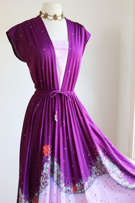 Vintage 1970s Dress - Violet w Colorful Butterfly + Blossom Border Print Sundress Size M to L