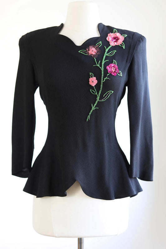 Vintage 1940s Sequin Blouse - Black Sculpted Crepe Rayon w Heavy Pink Green Beads Sequins 3D Blooming Flower Top Size S - M