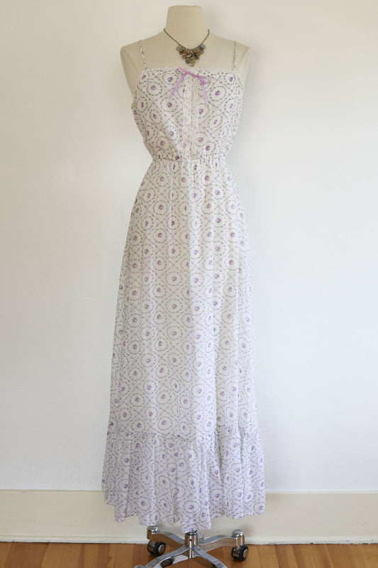 Vintage 1970s Dress - Violet Rose Print Victorian Gauze Cotton Maxi Sundress + Peplum Blouse Jacket Size XS to M