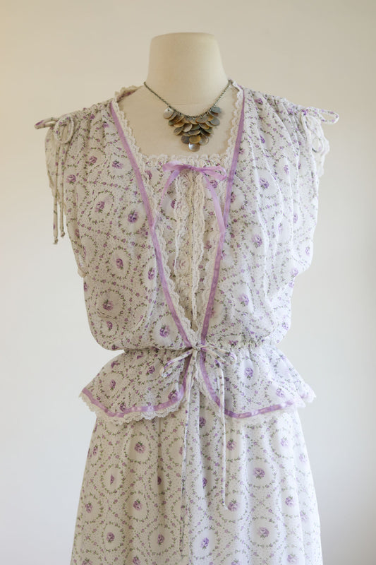 Vintage 1970s Dress - Violet Rose Print Victorian Gauze Cotton Maxi Sundress + Peplum Blouse Jacket Size XS to M