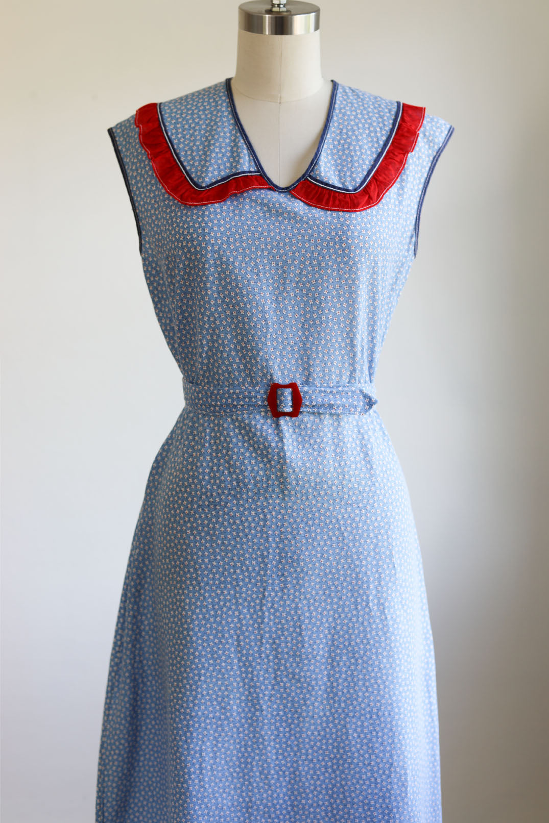Vintage 1930s Feed Sack Dress - Soft Pastel Blue Calico Gauzy Cotton + Cherry Accents Bakelite Belt Size XS to M Range