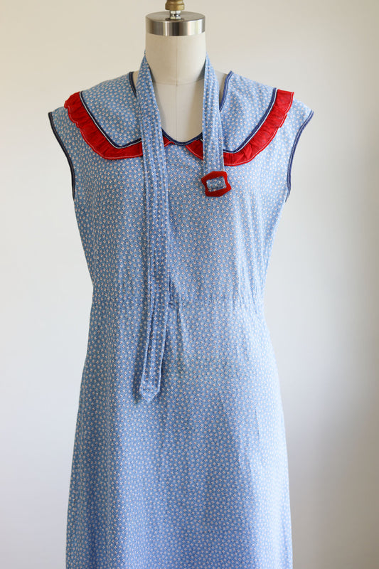 Vintage 1930s Feed Sack Dress - Soft Pastel Blue Calico Gauzy Cotton + Cherry Accents Bakelite Belt Size XS to M Range
