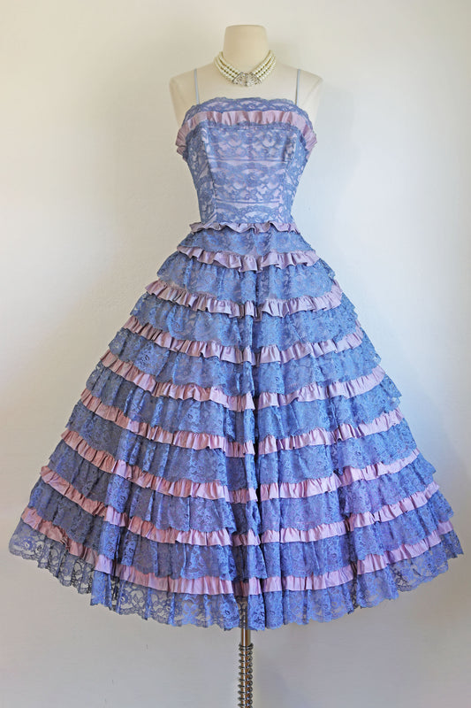 Vintage 1950s Dress - Magnificent French Blue + Orchid Lace Cotillion Formals Party Prom Gown Size S to M