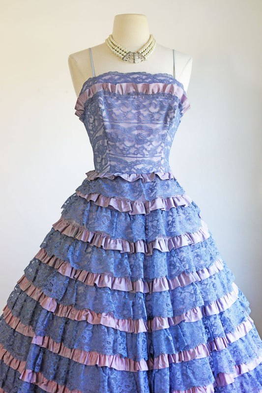 Vintage 1950s Dress - Magnificent French Blue + Orchid Lace Cotillion Formals Party Prom Gown Size S to M