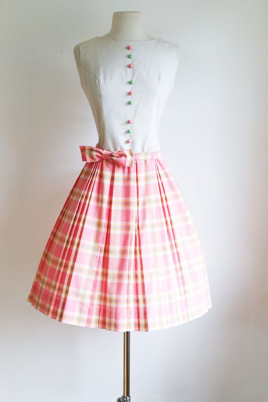 Vintage 1960s Dress - Cute! Pink Plaid Cotton Blend Junior Set Sundress w Candy Buttons Size S to M