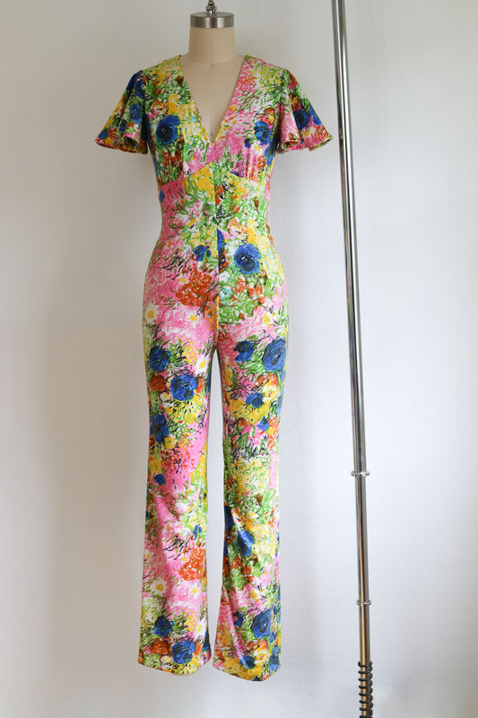 Vintage 1970s Jumpsuit - CUTE Soft Cotton T-Shirt Jersey Catsuit w Candy Shop Floral Print Size XS to S